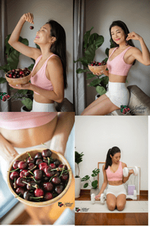 healthy fit woman holding cherries