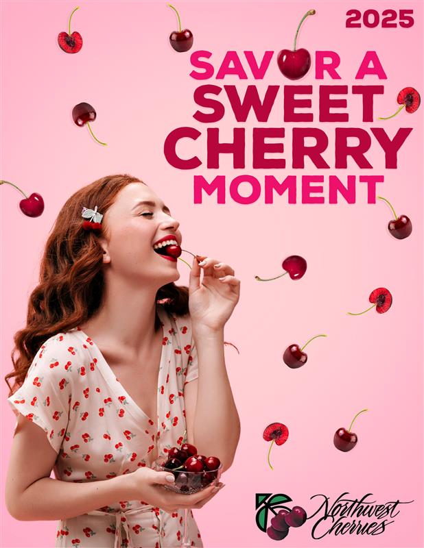 Image of a girl with red hair eating a cherry on a pink background. The words "2025 Savor a sweet cherry moment" are in the top right corner